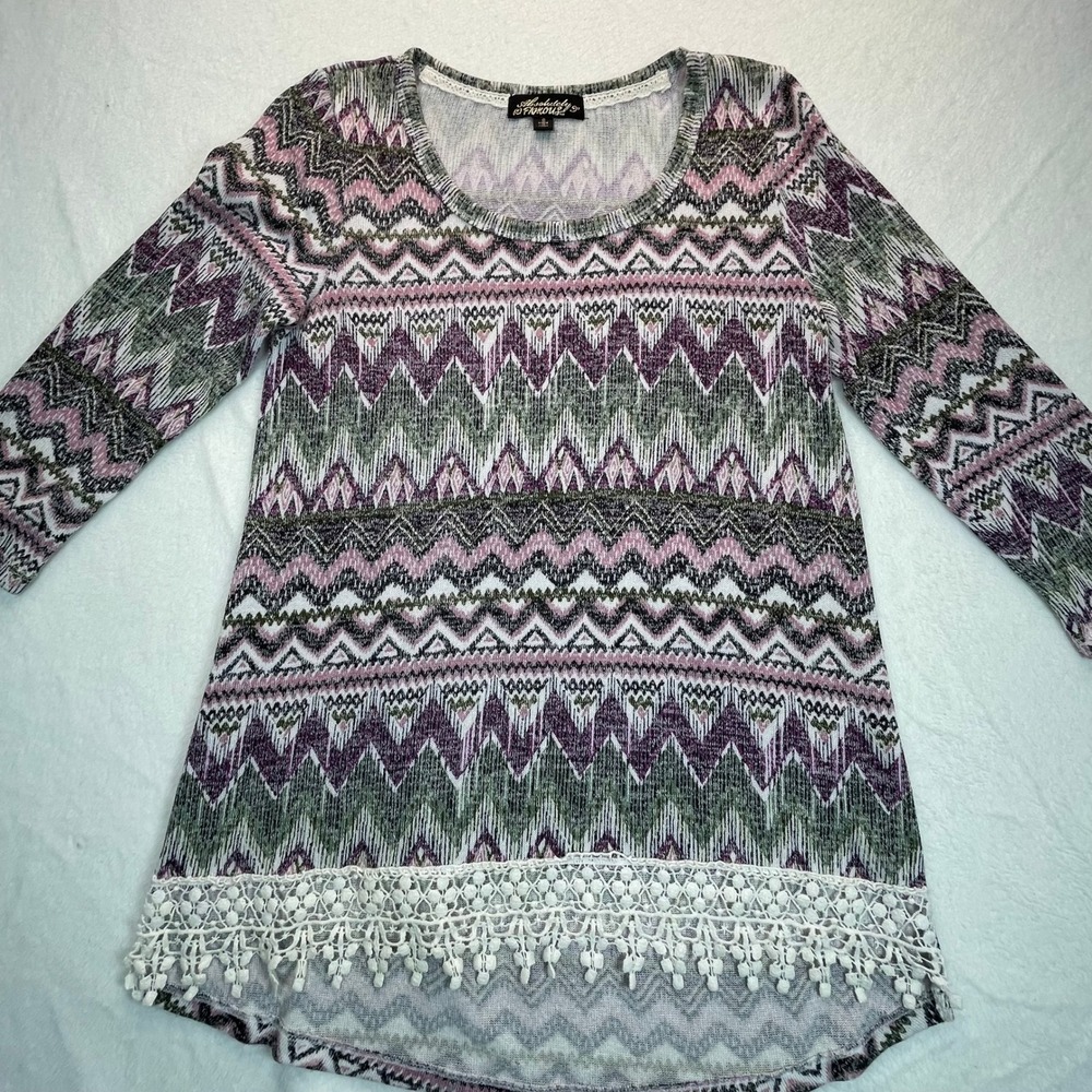 Absolutely Famous Tunic Top Womens S Chevron Boho Crochet Lace Gypsy Art to Wear